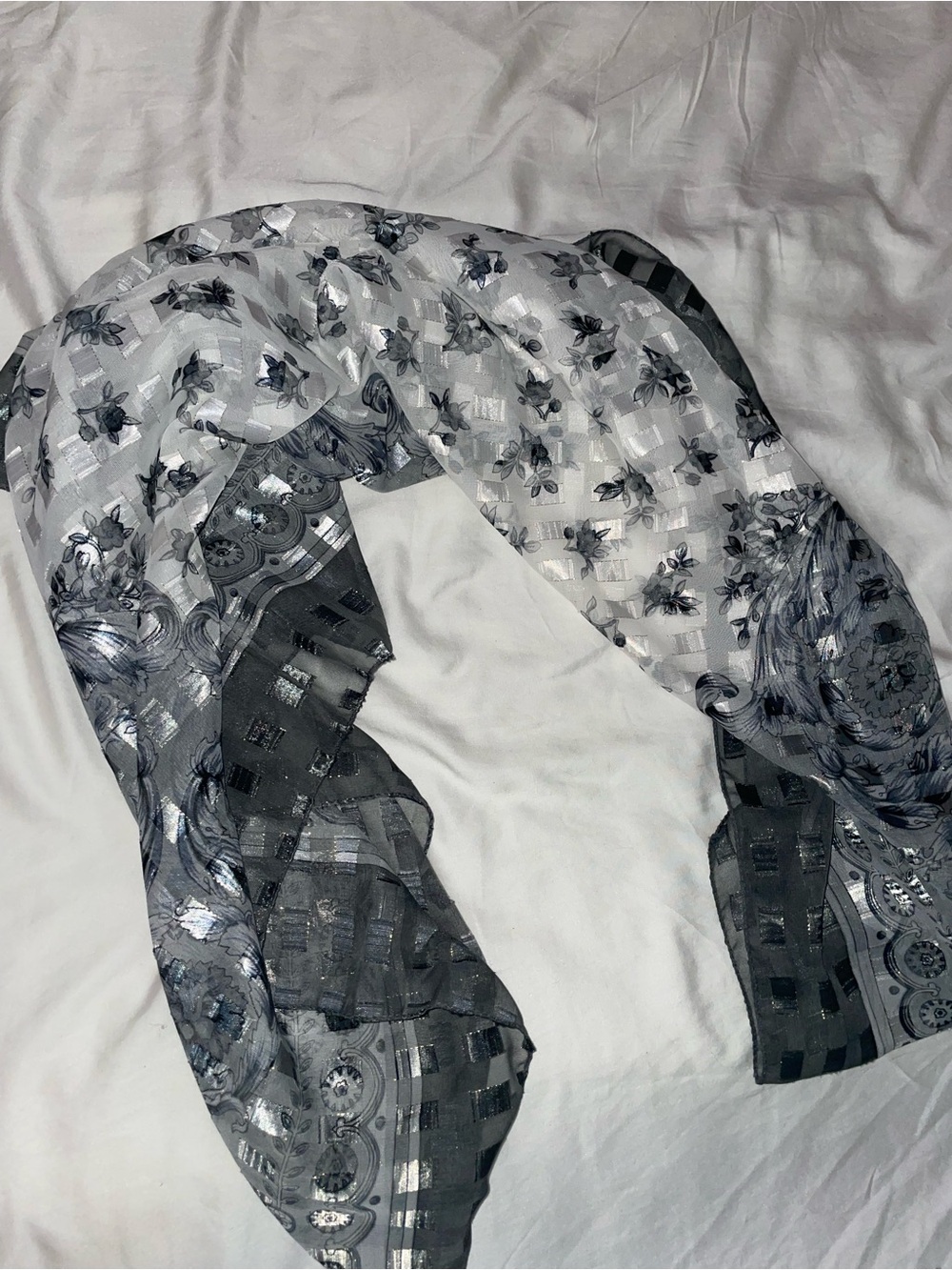 Lightweight Gray Floral & Geometric Scarf